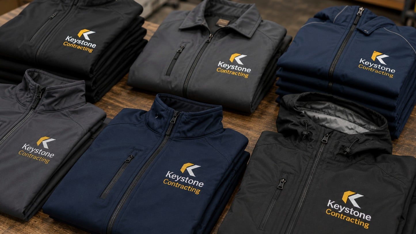 Custom work jackets with embroidered company logo on a workbench